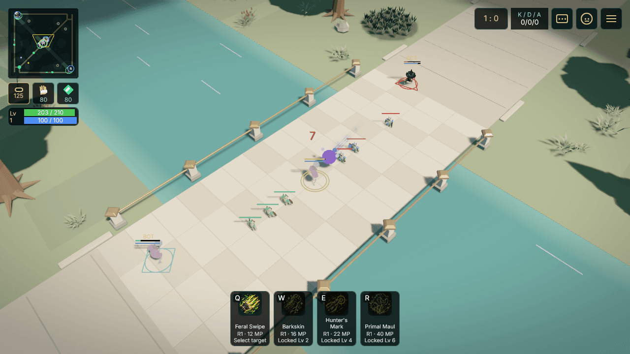 Omoba gameplay showing a character, arena towers, abilities and the minimap