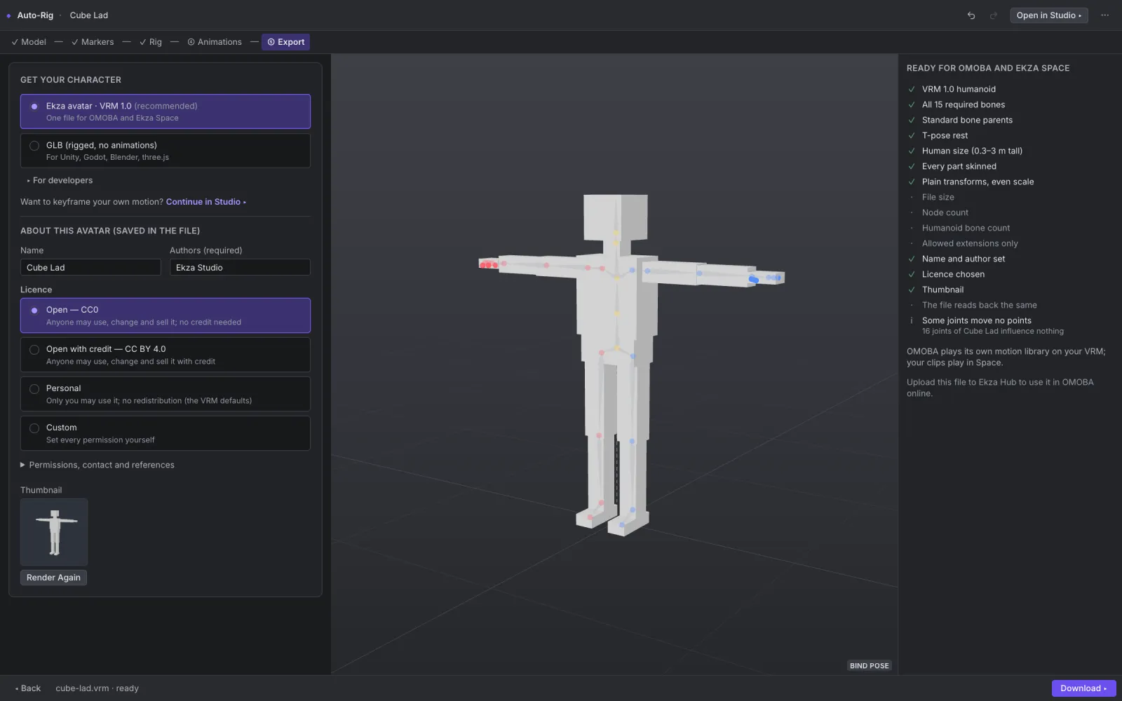 Auto-Rig export step with the OMOBA and Ekza Space checklist