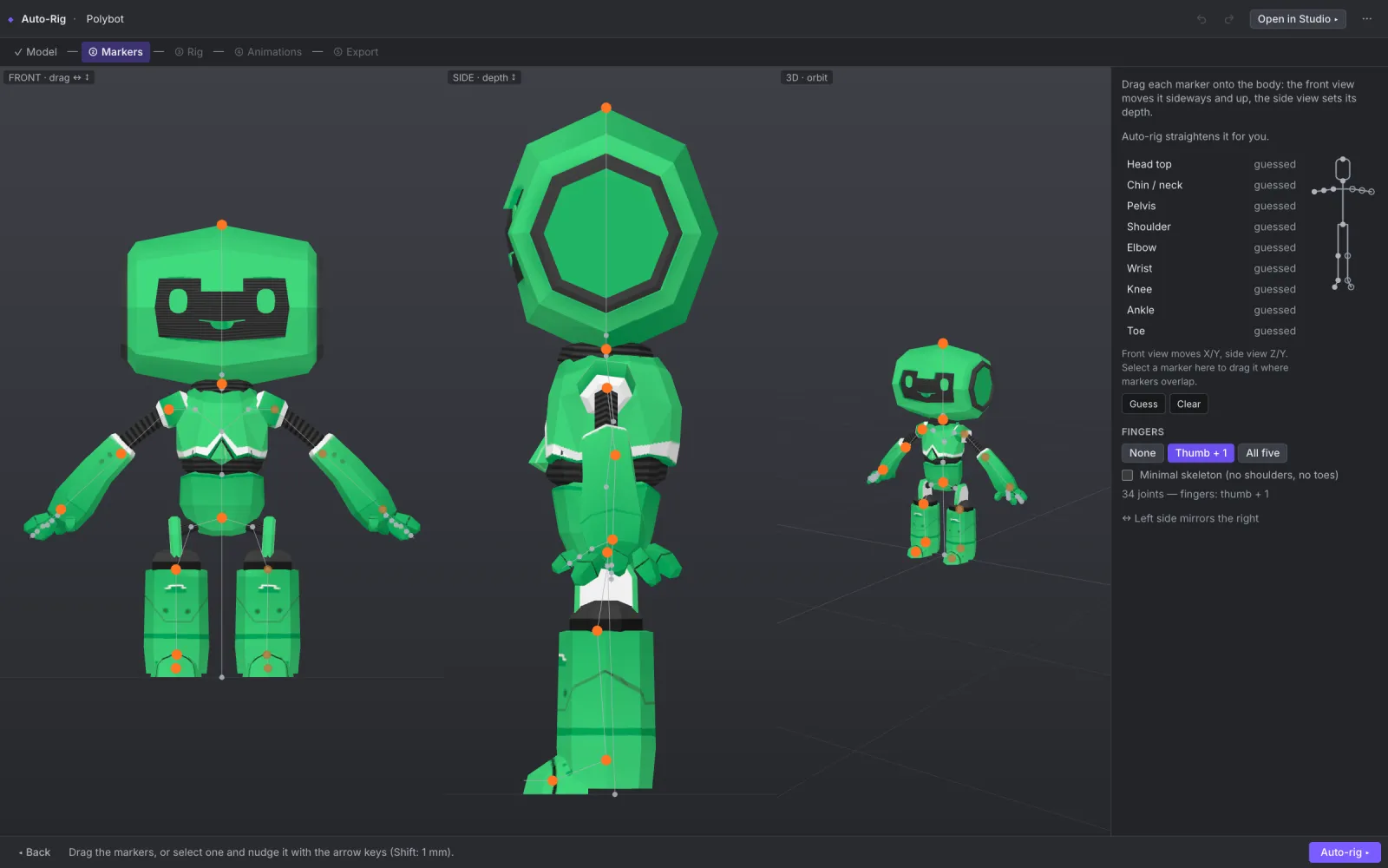 Auto-Rig markers step in front, side and 3D views