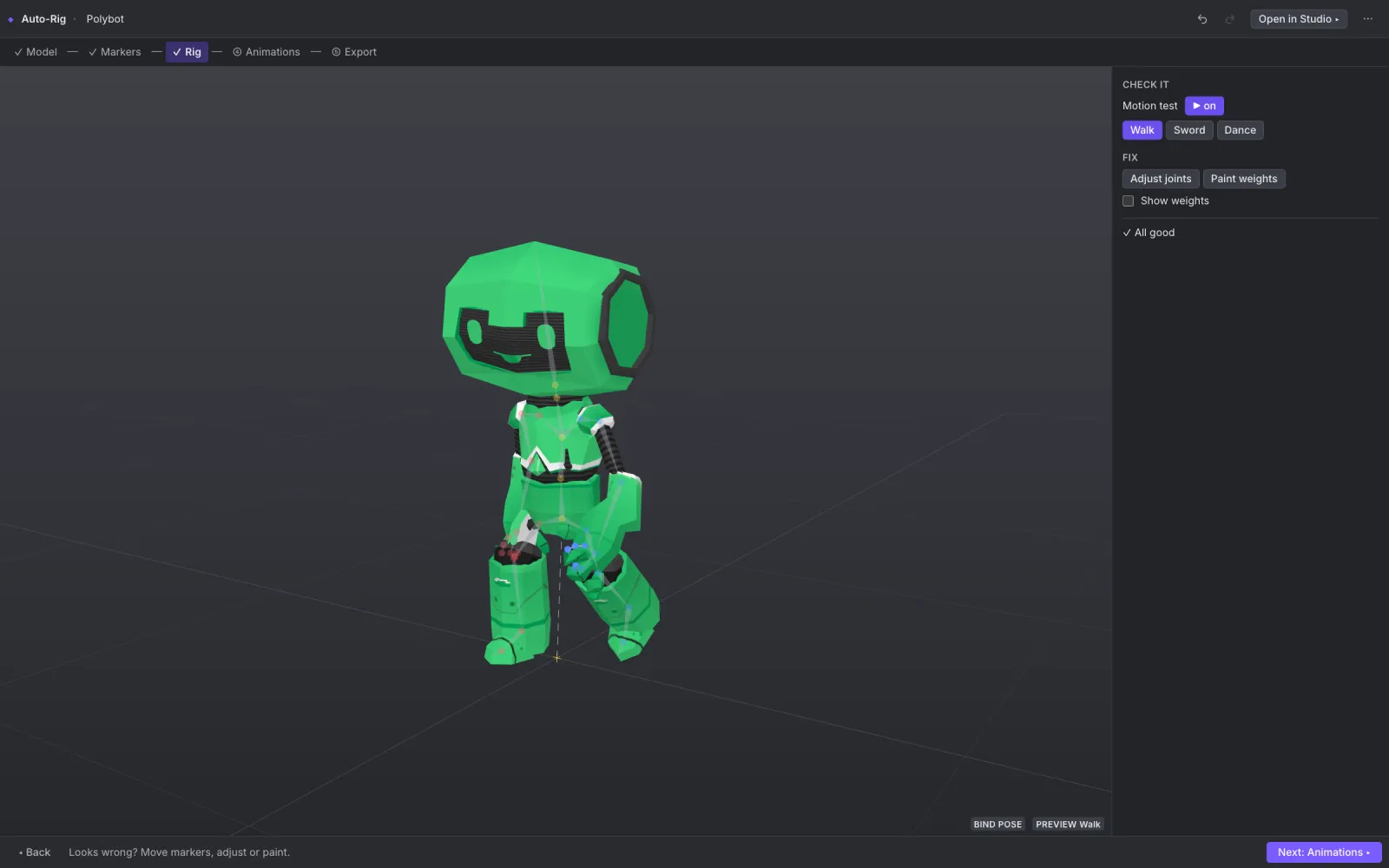 Auto-Rig rig step with a motion test playing