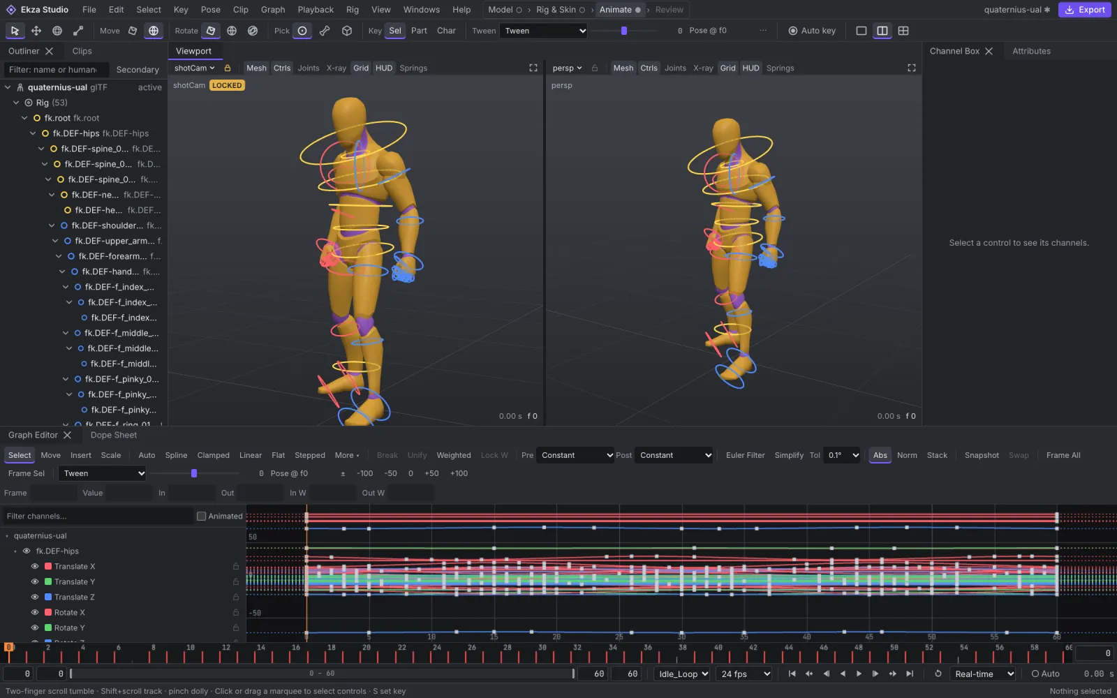 Ekza Studio Animate workspace with split viewports, control rig and Graph Editor